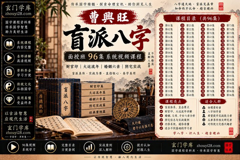 曹兴旺盲派八字命理系统课程｜财官印·大运流年·婚姻六亲 96集视频-玄门学库