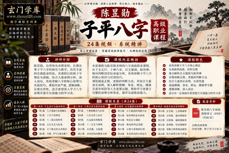 陈昱勋《子平八字高级职业课程》|日主强弱·取用神·格局判断·命盘实战 24集视频-玄门学库