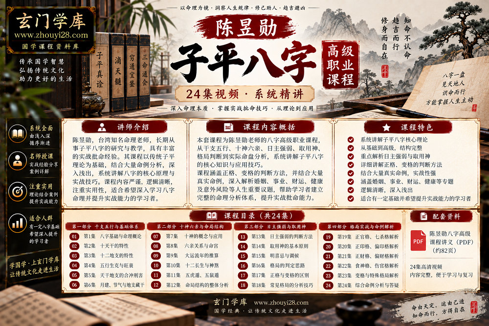 图片[1]-陈昱勋《子平八字高级职业课程》｜日主强弱·取用神·格局判断·命盘实战 24集视频-玄门学库