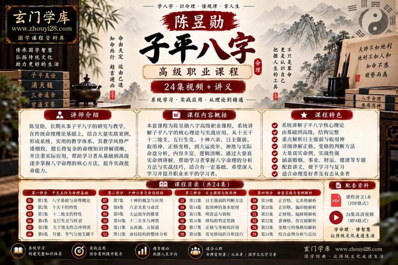陈昱勋《子平八字高级职业课程》|日主强弱·取用神·正格变格·命盘实战 24集视频+讲义-玄门学库