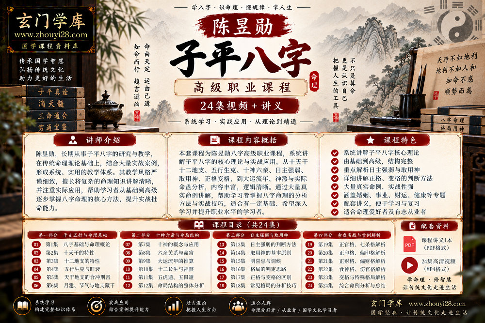 图片[1]-陈昱勋《子平八字高级职业课程》｜日主强弱·取用神·正格变格·命盘实战 24集视频+讲义-玄门学库