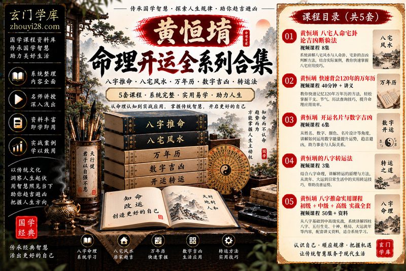 黄恒堉八字命理与开运课程合集|八字推命50集·八宅宅卦·数字吉凶·万年历·八字转运 5套资料-玄门学库