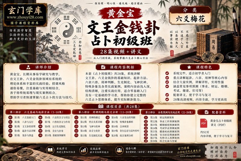 黄金宝《文王金钱卦》占卜初级班|八卦五行·安六亲·用神判断·实战断卦 28集视频+讲义-玄门学库