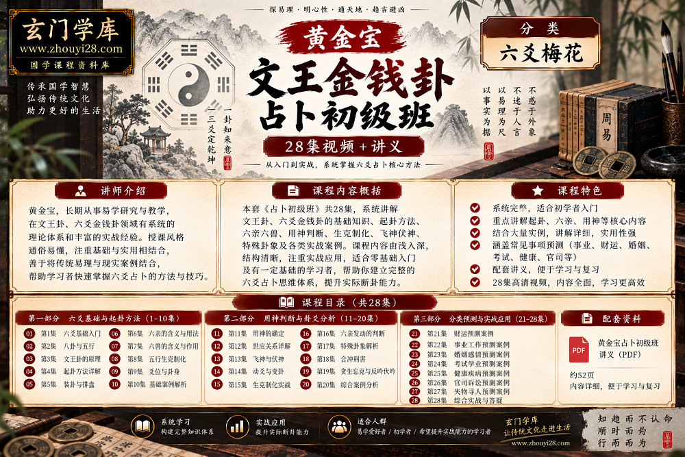 图片[1]-黄金宝《文王金钱卦》占卜初级班｜八卦五行·安六亲·用神判断·实战断卦 28集视频+讲义-玄门学库