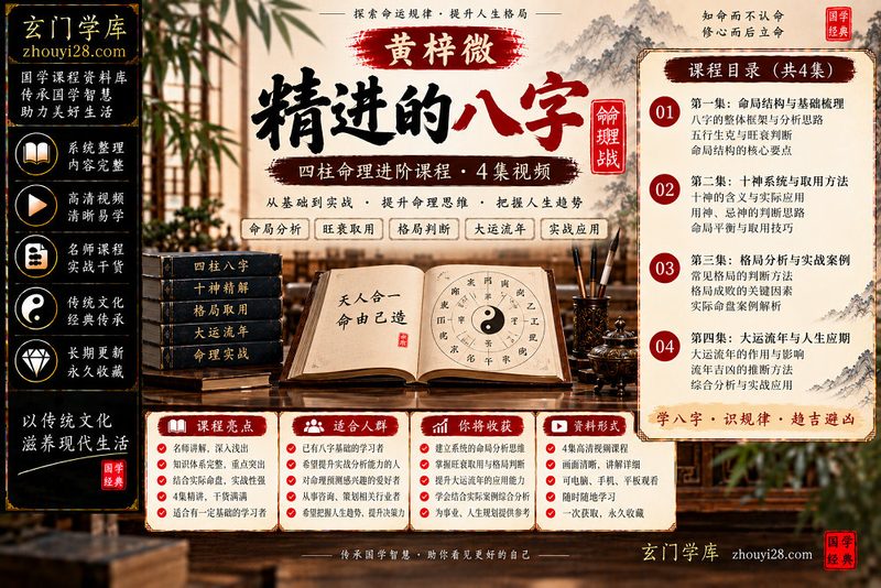 黄梓微《精进的八字》进阶课程|命局分析·旺衰取用·格局判断·实战应用 4集视频-玄门学库