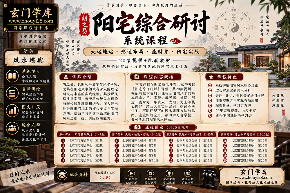 图片[1]-胡之易《阳宅综合研讨》系统课程｜天运地运·形运布局·流财方·阳宅实战 20集视频+配套教材-玄门学库