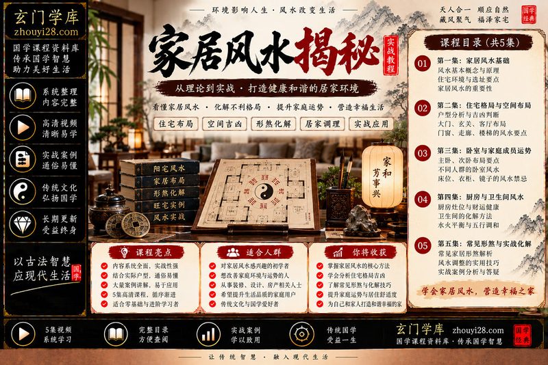 《家居风水揭秘》实战课程|住宅布局·空间吉凶·形煞化解·居家调理 5集视频-玄门学库