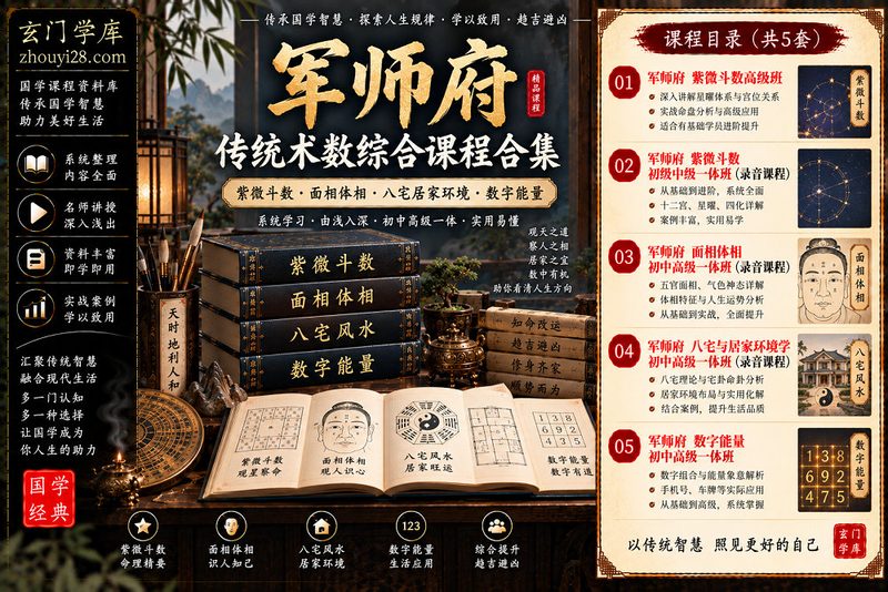 军师府传统术数综合课程合集|紫微斗数·面相体相·八宅居家环境·数字能量 5套课程-玄门学库