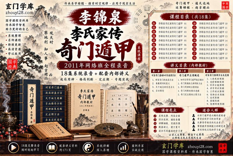 李锦泉李氏家传奇门遁甲系统课程|起局用神·格局判断·应期实战 18集录音+讲义-玄门学库