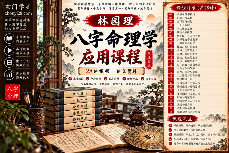 林园理《八字命理学应用》系统课程|阴阳五行·干支十神·喜忌用神·婚姻事业·流年实战 28讲+讲义-玄门学库