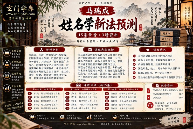 马瑞成《姓名新法预测》系统课程|姓名分析·实例解析·取名改名·实战应用 15集录音+资料-玄门学库