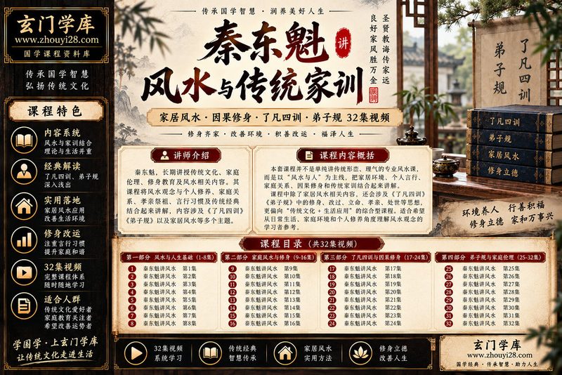 秦东魁《风水与传统家训》系统课程｜家居风水·因果修身·了凡四训·弟子规 32集视频-玄门学库