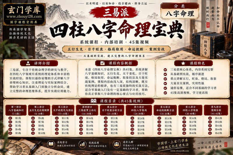 三易派《四柱八字命理宝典》系统课程｜五行生克·日干旺衰·格局取用·命运批断 45集视频-玄门学库