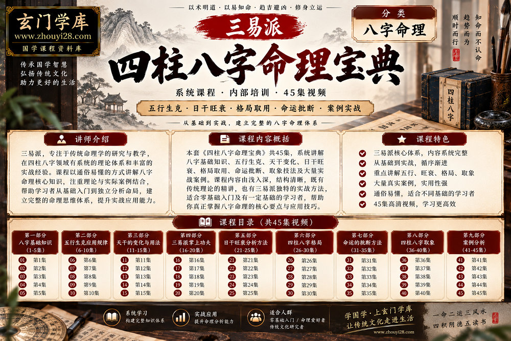 图片[1]-三易派《四柱八字命理宝典》系统课程｜五行生克·日干旺衰·格局取用·命运批断 45集视频-玄门学库