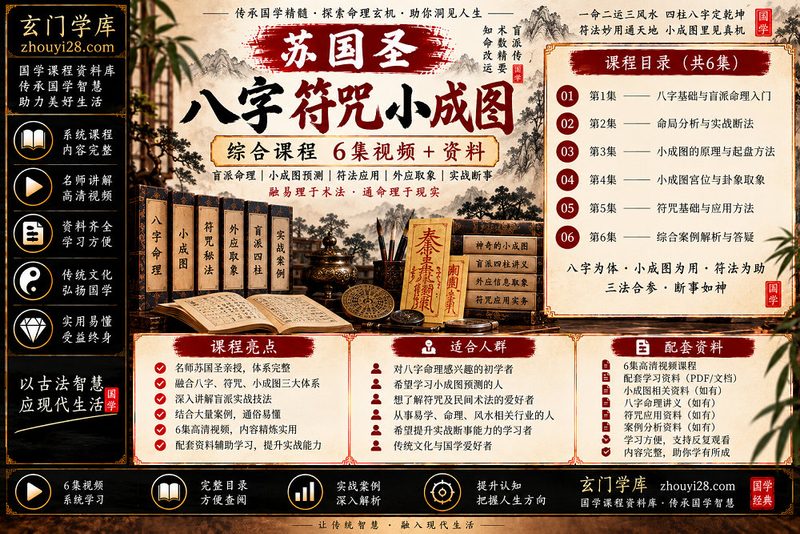 苏国圣《八字·符咒·小成图》综合课程|盲派命理·小成图预测·外应取象·实战应用 6集视频+资料-玄门学库