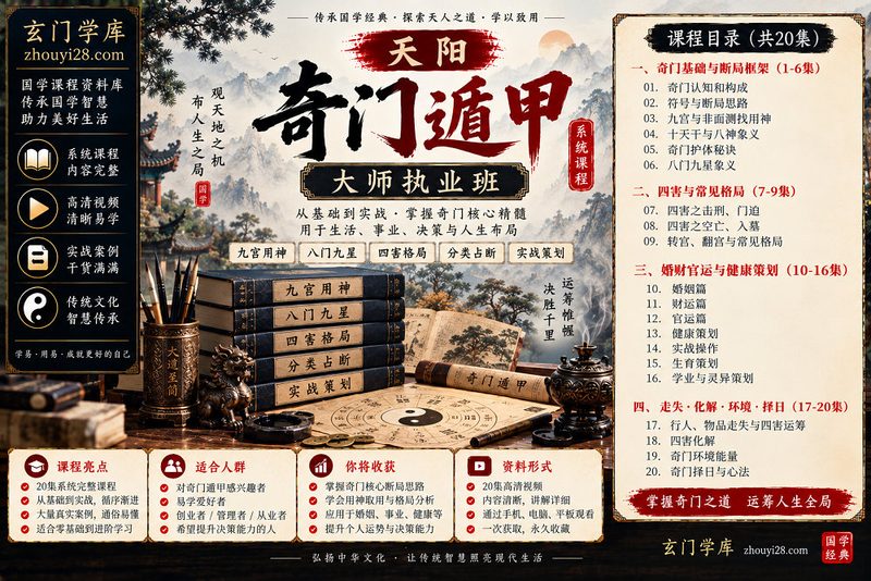天阳《奇门遁甲大师执业班》系统课程｜九宫用神·八门九星·四害格局·婚财官运·实战策划 20集视频-玄门学库