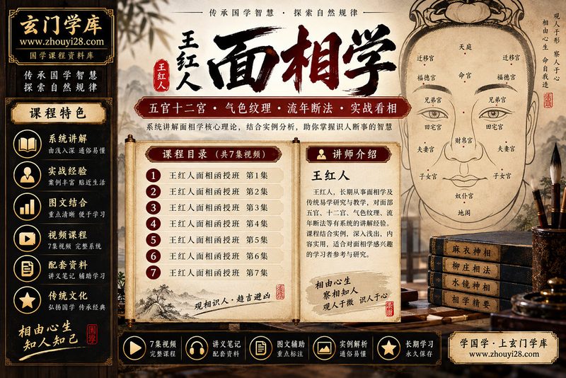 王红人《面相学》系统课程|五官十二宫·气色纹理·流年断法·实战看相 7集视频+讲义笔记-玄门学库