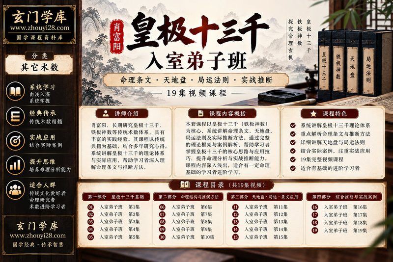肖富阳《皇极十三千·铁板神数》入室弟子班|命理条文·天地盘·局运法则·实战推断 19集视频+资料-玄门学库