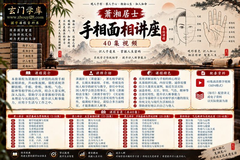 萧湘居士《高级手相面相讲座》系统课程｜骨相五官·手纹掌丘·流年气色·识人实战 40集视频-玄门学库