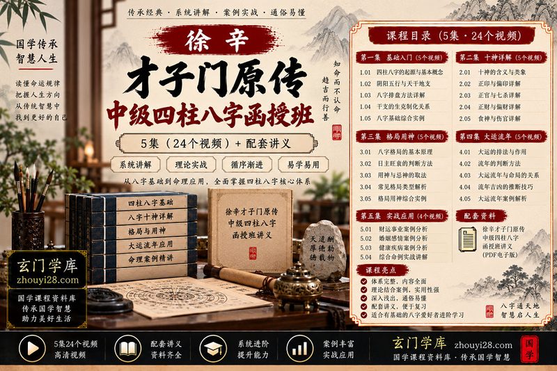 徐辛才子门原传四柱八字中级课程|命局分析·取用判断·实战研习 5集视频+讲义-玄门学库