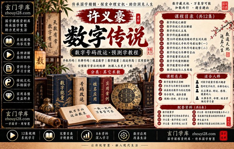 许义豪《数字传说》系统课程|数字能量·手机号码·车牌吉凶·姓名应用 12集视频+8本资料-玄门学库