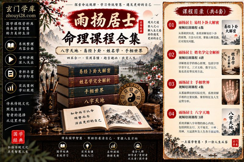 雨扬居士命理课程合集｜八字天地·易经卜卦·姓名学·手相世界 4套视频课程-玄门学库