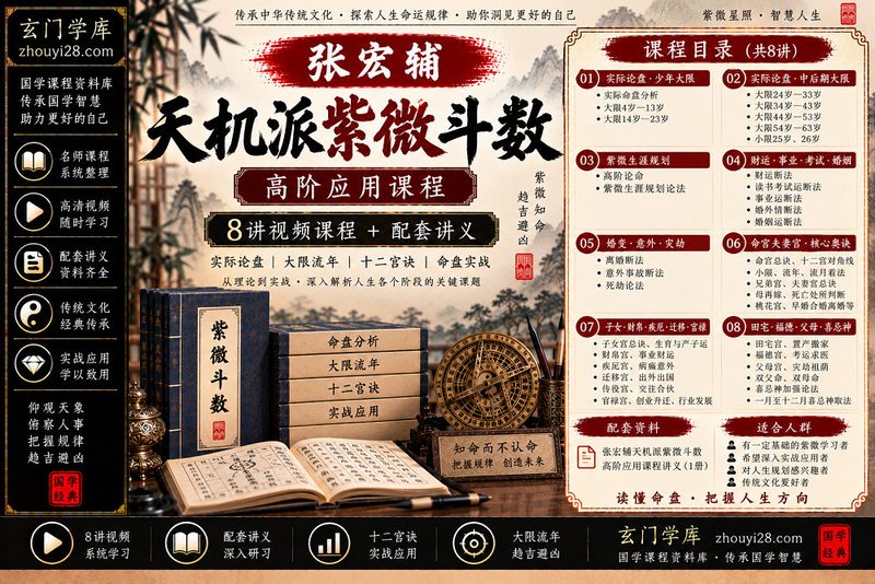 张宏辅天机派紫微斗数高阶应用课程|大限流年·十二宫诀·命盘实战 8讲+讲义-玄门学库