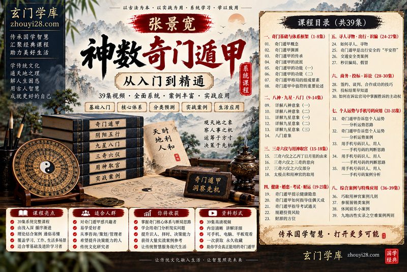 张景宽《神数奇门遁甲》系统课程｜八神九星·三奇六仪·用神取宫·婚恋财运·实战预测 39集视频-玄门学库