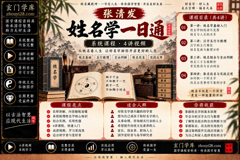 张清发《姓名学一日通》系统课程|姓名结构·五行数理·取名改名·实战应用 4讲视频-玄门学库