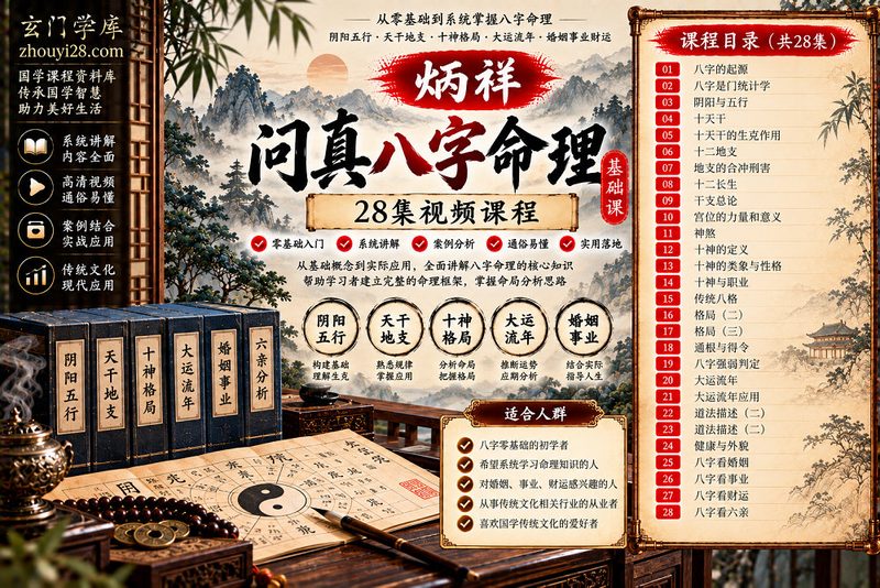 炳祥《问真八字命理基础课》系统课程|阴阳五行·天干地支·十神格局·大运流年·婚姻事业财运 28集视频-玄门学库