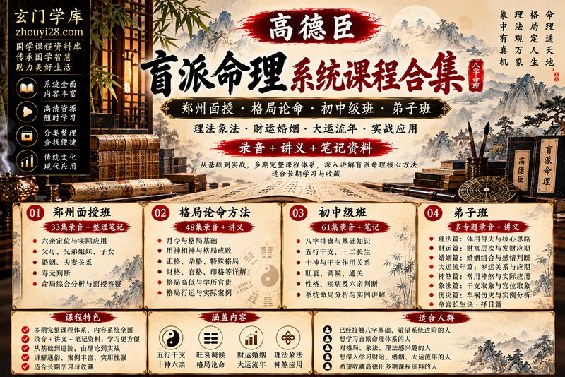 高德臣《盲派命理系统课程合集》|郑州面授·格局论命·初中级班·弟子班·理法象法·财运婚姻·大运流年 录音+讲义笔记-玄门学库