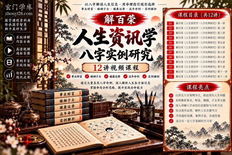 解百荣《人生资讯学·八字实例研究》系统课程|事业财富·婚姻子女·健康运势·流年命例 12讲视频-玄门学库