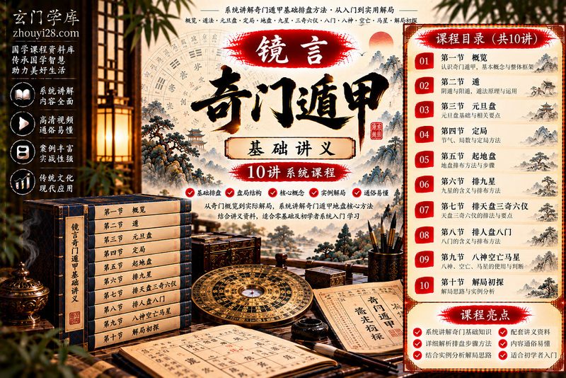 镜言《奇门遁甲基础讲义》系统课程｜元旦盘·定局·地盘九星·天盘三奇六仪·八门八神·解局初探 10讲-玄门学库