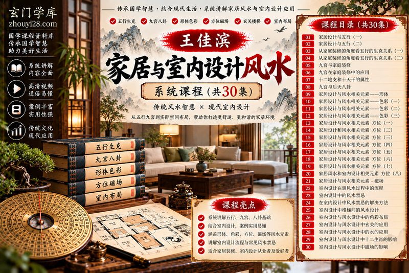 王佳滨《家居与室内设计风水》系统课程|五行九宫·形体色彩·方位磁场·玄关水法·室内布局 30集视频-玄门学库