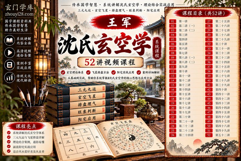 王军《沈氏玄空学》系统课程|玄空飞星·三元九运·排盘理气·旺衰判断·阳宅应用 52讲视频-玄门学库