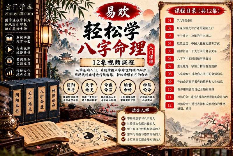 易欢《轻松学八字命理》入门课程|阴阳五行·天干地支·刑冲合害·命宫纳音·神煞姻缘 12集视频-玄门学库