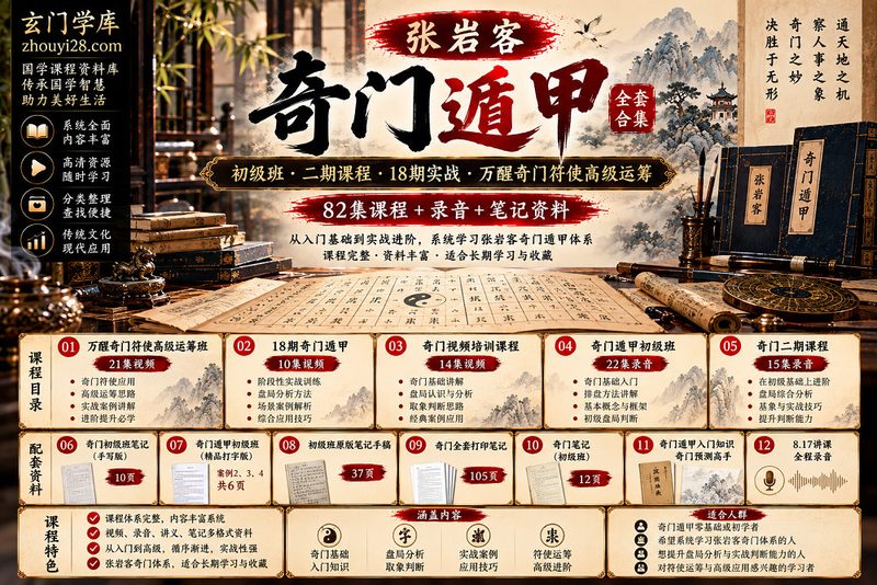张岩客《奇门遁甲》全套课程合集|初级班·二期课程·18期实战·万醒奇门符使高级运筹·全套笔记资料 82集课程+录音+讲义-玄门学库
